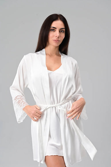 Атласний халат кольору шампань з мереживом Odette