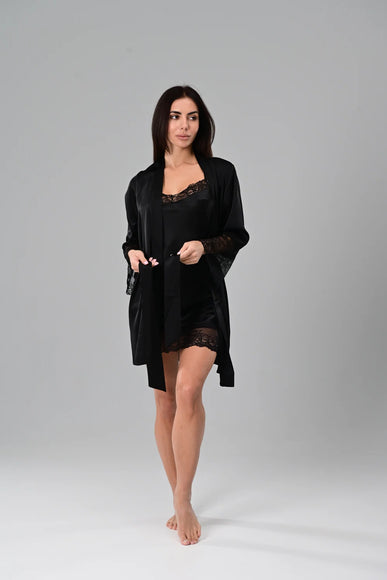 Атласний халат чорного кольору з мереживом Odile